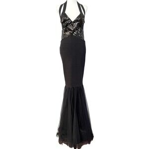 Deadstock y2k mermaid gown Maison Lessage Black Sequin Halter Tulle Dress Size 8